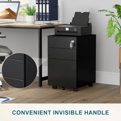 LVSTEEL 3-Drawer Mobile Filing Cabinet with Lock, Steel Office File Cabinet on Wheels, Under Desk Metal Cabinet for A4/Letter/Legal, Fully Assembled