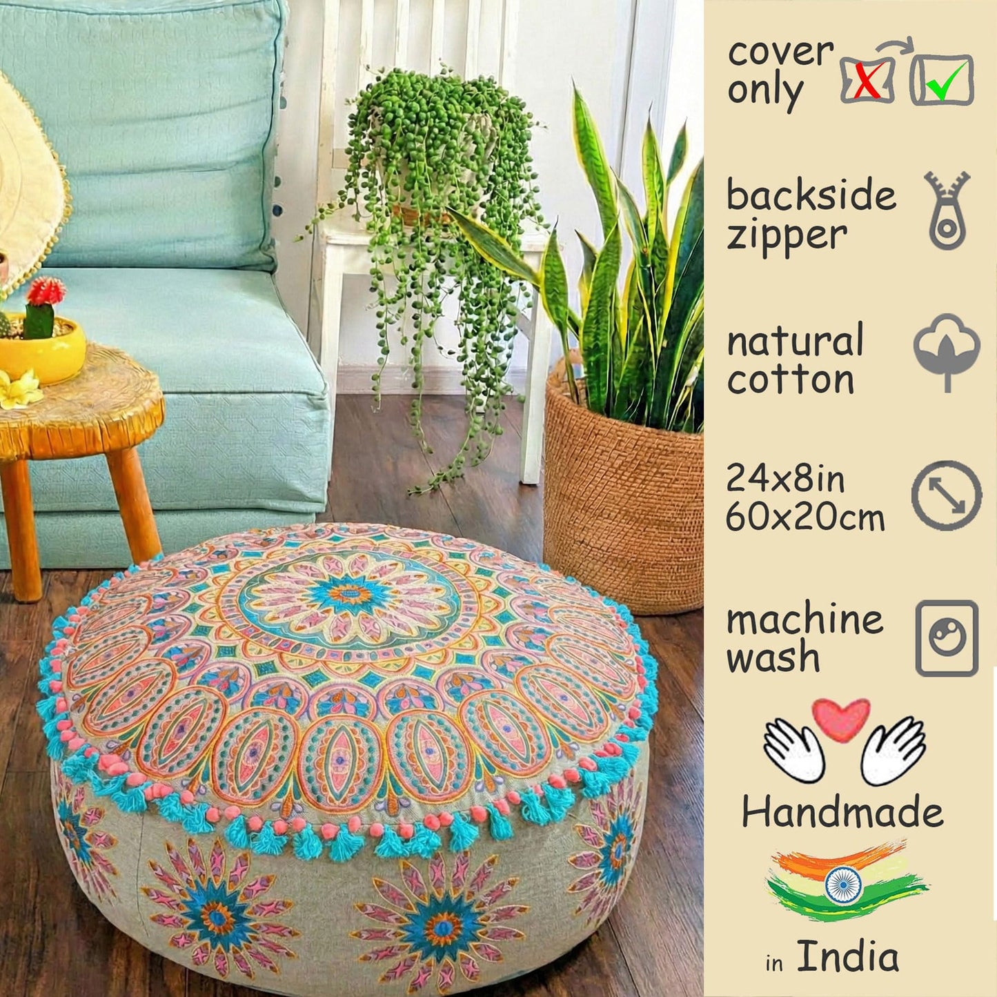 Mandala Life ART Yellow Round Velvet Pouf Cover - Digital Printed Ottoman Slipcover with Moroccan Design, 24 Inch Diameter, Ideal for Living Room