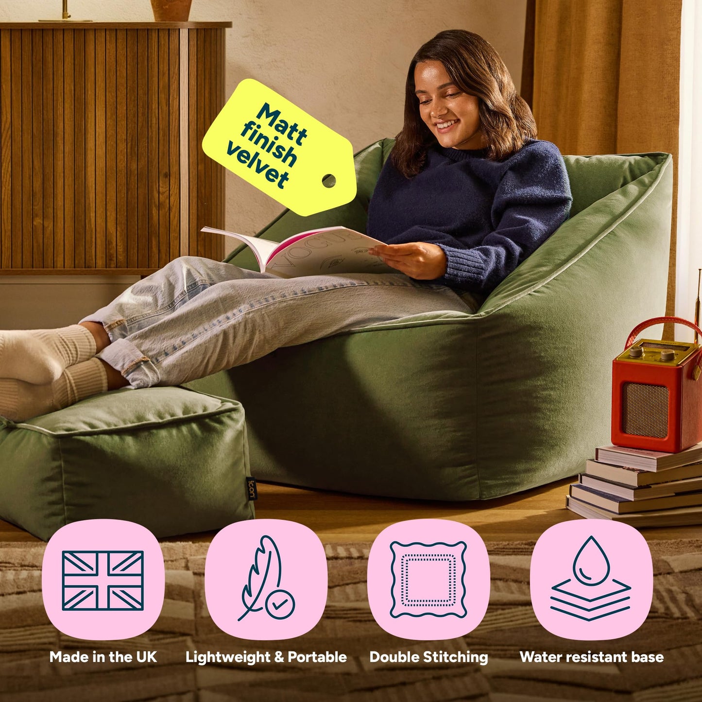 icon Natalia Velvet Bean Bag Chair & Footstool with Filling Included, Green
