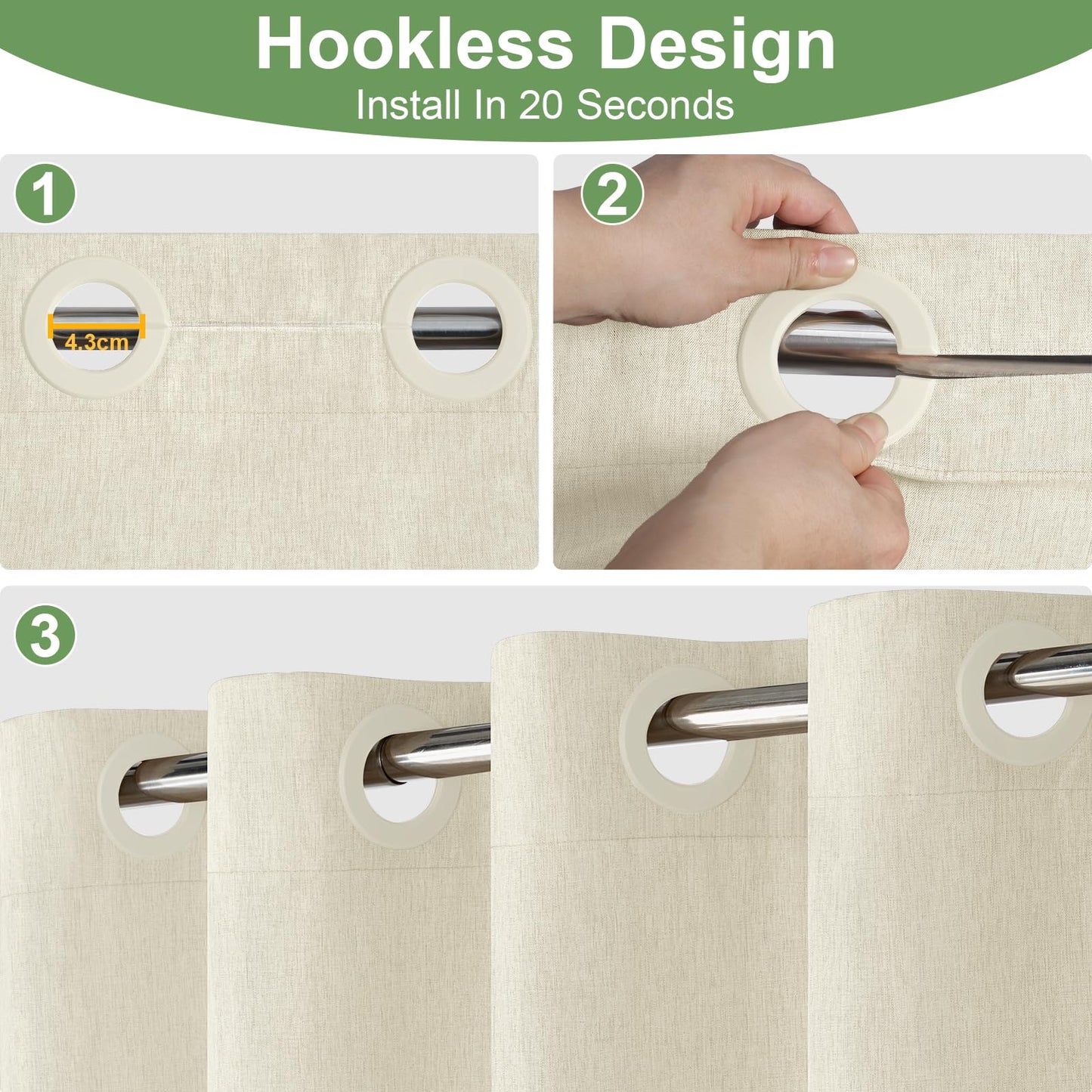 Hotel Style No Hook Rustic Linen Shower Curtain for Bathroom 230GSM Thick Fabric Texture Shower Curtains, Enhanced Waterproof, Weighted Hem