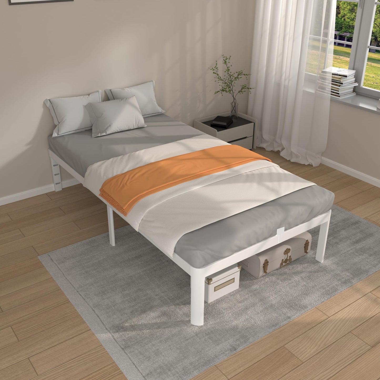 KVLKBV Single Bed Frame 90 x 200 cm,White Bed Frame with Metal Anti-slip Gasket and Large Storage Space Under Bed - Suitable for Bedroom