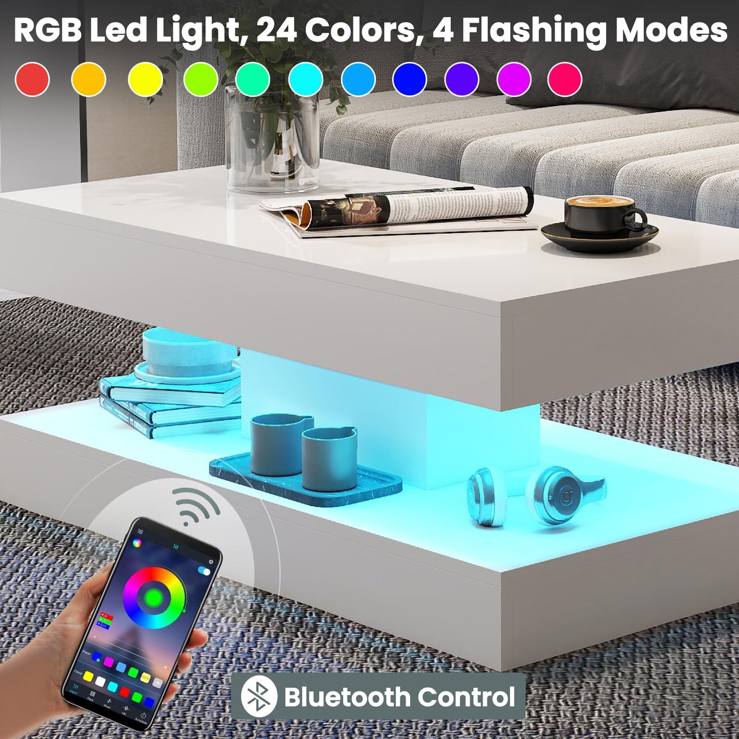 COSVALVE White Coffee Table Living Room Tables with LED Light, 2 Tier Centre Table High Gloss Modern Rectangle Tea Table for Home, Office