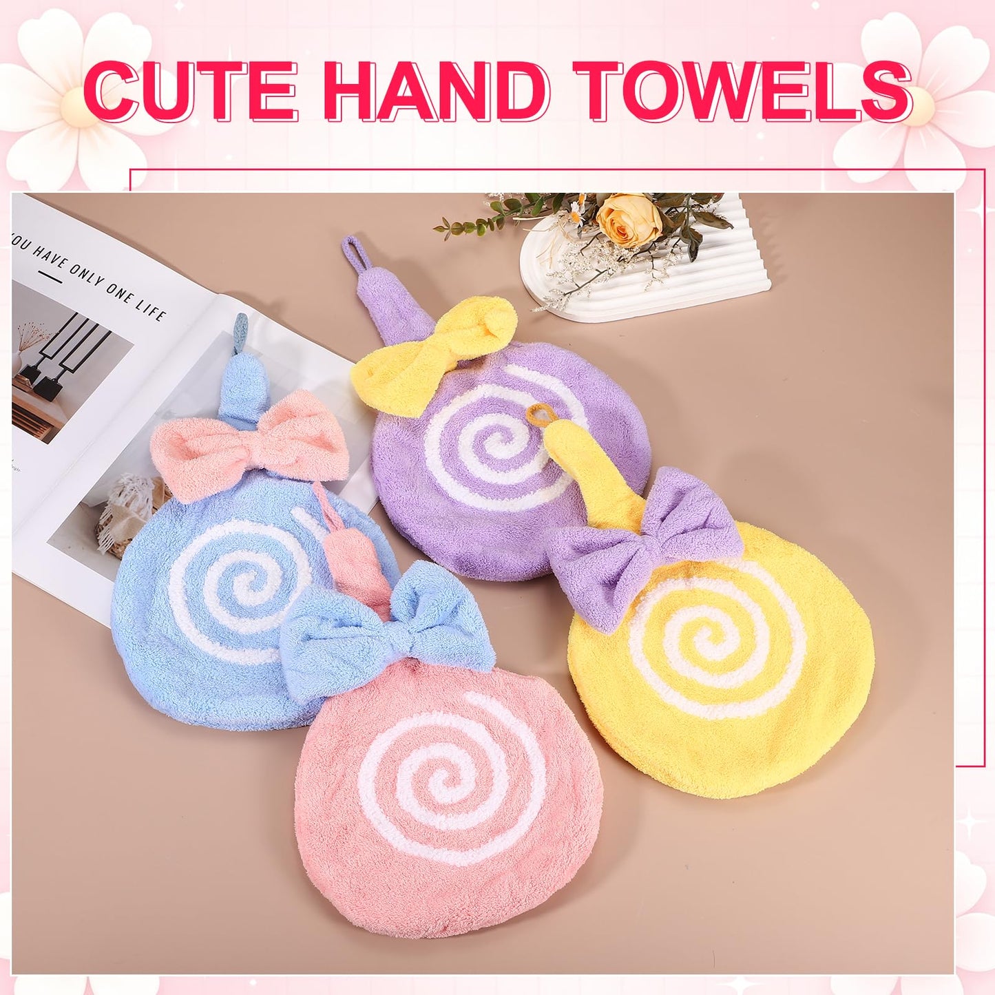 sourcing map Cute Hand Towels, Soft Coral Hanging Hand Towel with Hanging Loop, Lollipop Pattern, Highly Absorbent