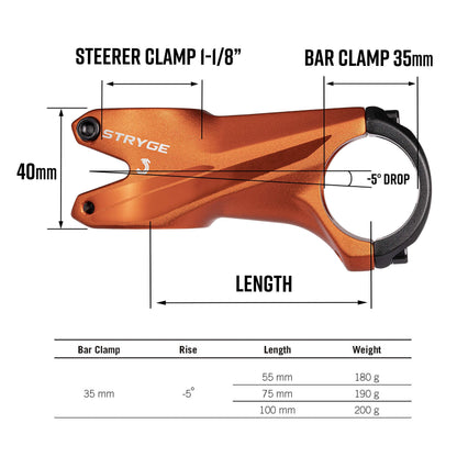 Funn Stryge Bike Drop Stem with -5 Degree - Length 55mm stem with 35mm Bar Clamp, Bike Stem for Mountain Bike, BMX Bike, Road Bike and Gravel Bike