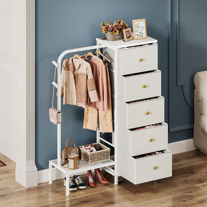 Trironsun Small 5 Fabric Drawer Dresser with Clothes Rack Chest of Drawers with Hanging Rail Reversible Wardrobe with Clothes Rack