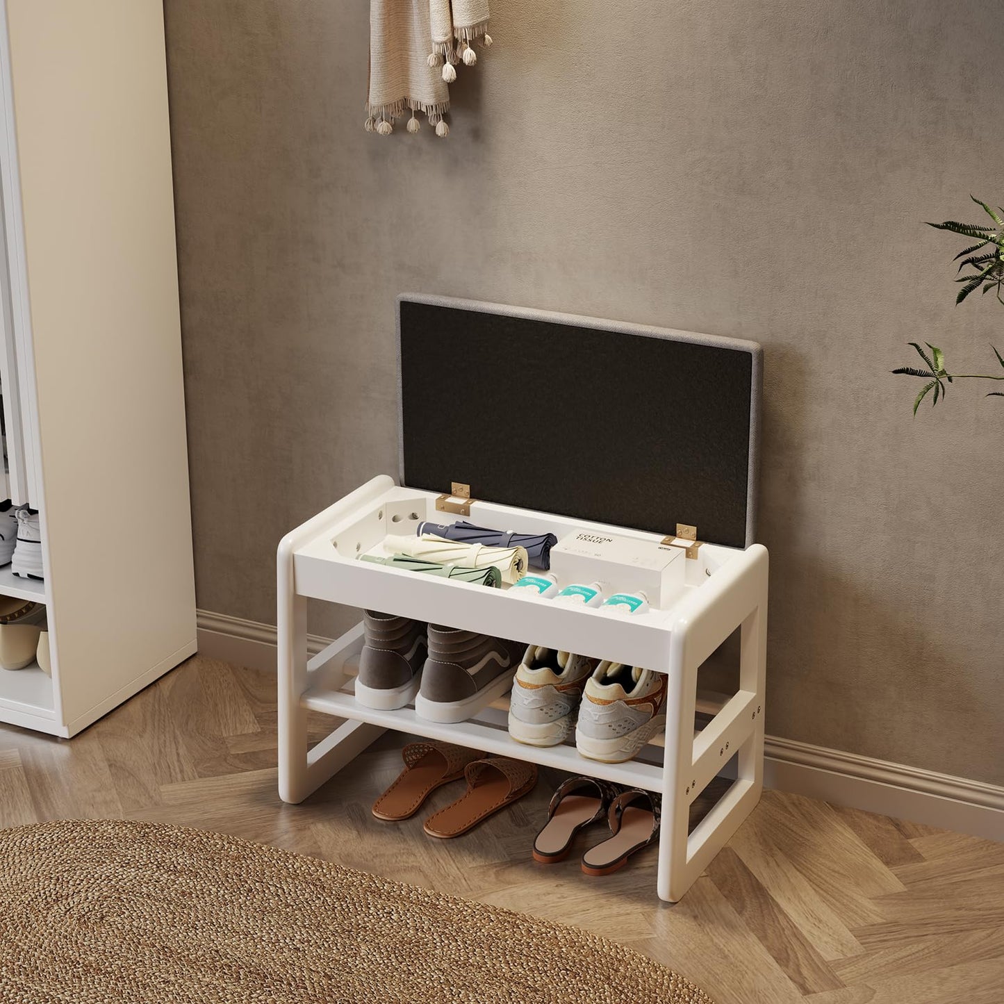 AQIMUELE Small Shoe Bench with Cushion, Shoe Bench Storage with Seat, Wooden Shoe Rack 2-Tier, Hidden Flip-Top Seat, for Hallway, Entryway