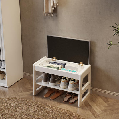 AQIMUELE Small Shoe Bench with Cushion, Shoe Bench Storage with Seat, Wooden Shoe Rack 2-Tier, Hidden Flip-Top Seat, for Hallway, Entryway