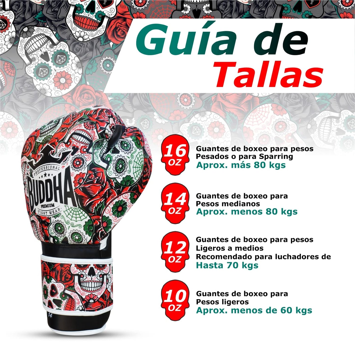 BUDDHA FIGHT WEAR - Mexican Boxing Gloves - Muay Thai - Kick Boxing Synthetic Leather - GS-3 Inner Padding - Impact Protection - Red Color - Size 14