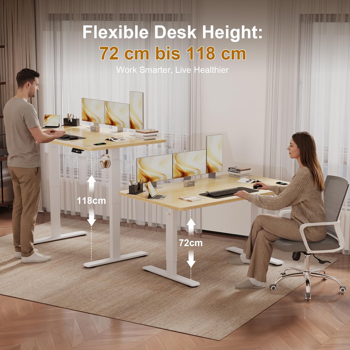 JUMMICO Height-Adjustable Desk 140 x 70 cm with Cable Tray, Height-Adjustable Electric Standing Desk with USB Socket, Computer Desk