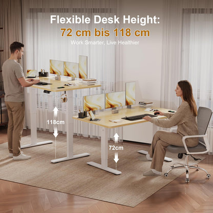 JUMMICO Height-Adjustable Desk 140 x 70 cm with Cable Tray, Height-Adjustable Electric Standing Desk with USB Socket, Computer Desk