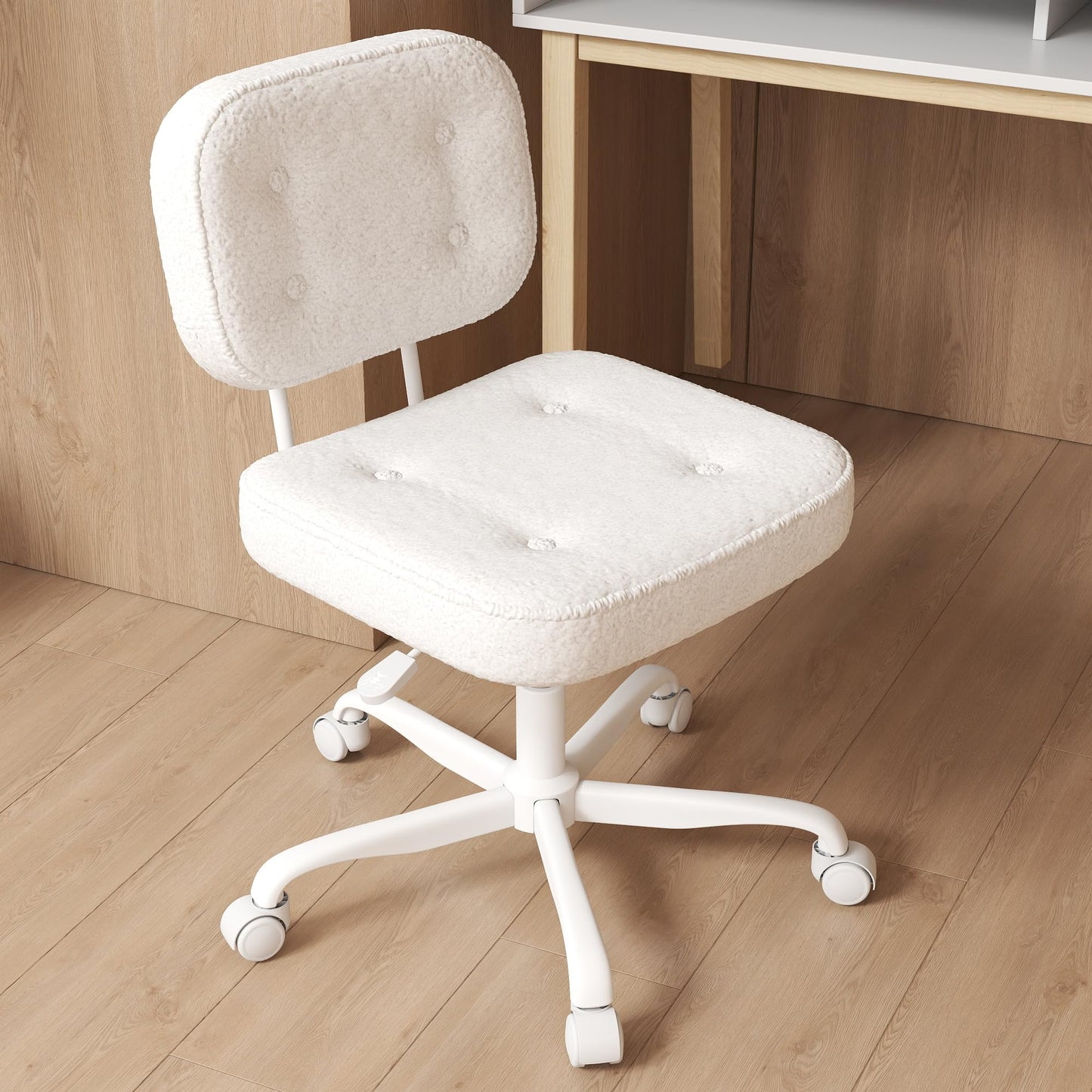 AnyGod Armless Desk Chair, Adjustable Swivel Task Seat, White Teddy-Fleece