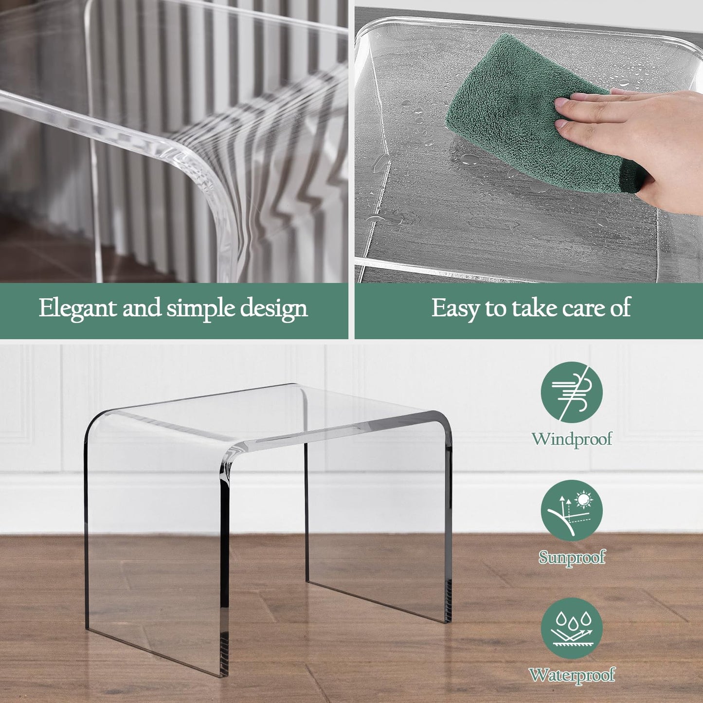 MYOYAY Clear Acrylic Shower Stool Acrylic Shower Bench Waterproof Transparent Chair for Bathroom Kitchen Bedroom Backless See Not-slip Shower Stool