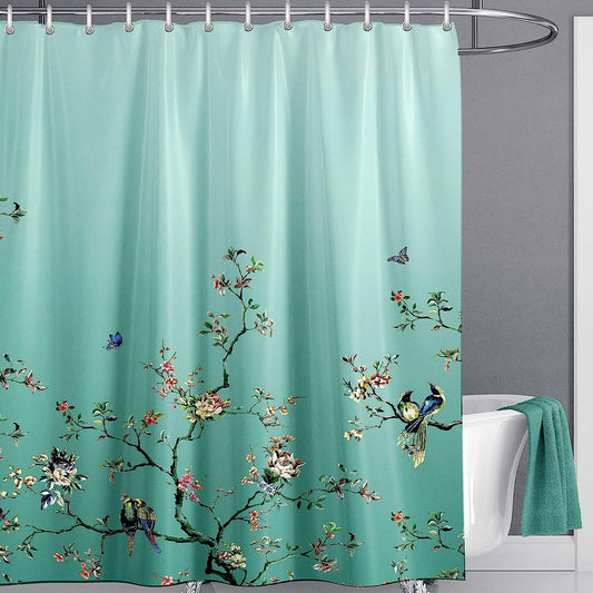 LIVETTY Ombre Green Bird Extra Long Shower Curtain 180cm ? 210cm Drop Floral Butterfly Fabric Bathroom Mould Proof Spring Washable Shower Curtain With