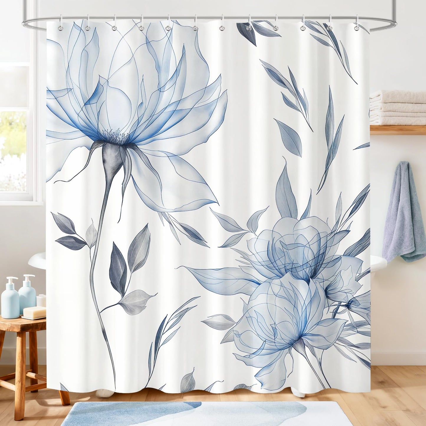 Hopomoon Blue and Grey Boho Watercolor Floral Shower Curtain, Ink Painting Style Waterproof Polyester Bath Curtain with 12 Hooks,Spring Summer