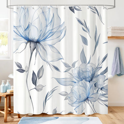 Hopomoon Blue and Grey Boho Watercolor Floral Shower Curtain, Ink Painting Style Waterproof Polyester Bath Curtain with 12 Hooks,Spring Summer