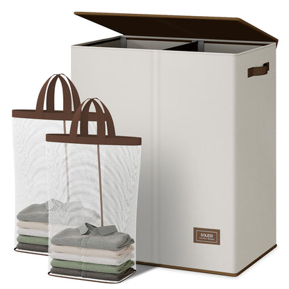 SOLEDI 145L Laundry Basket with Lid and Removable Bags, Large Laundry Hamper Collapsible Laundry Basket with 2 Compartment, Washing Basket for Laundry