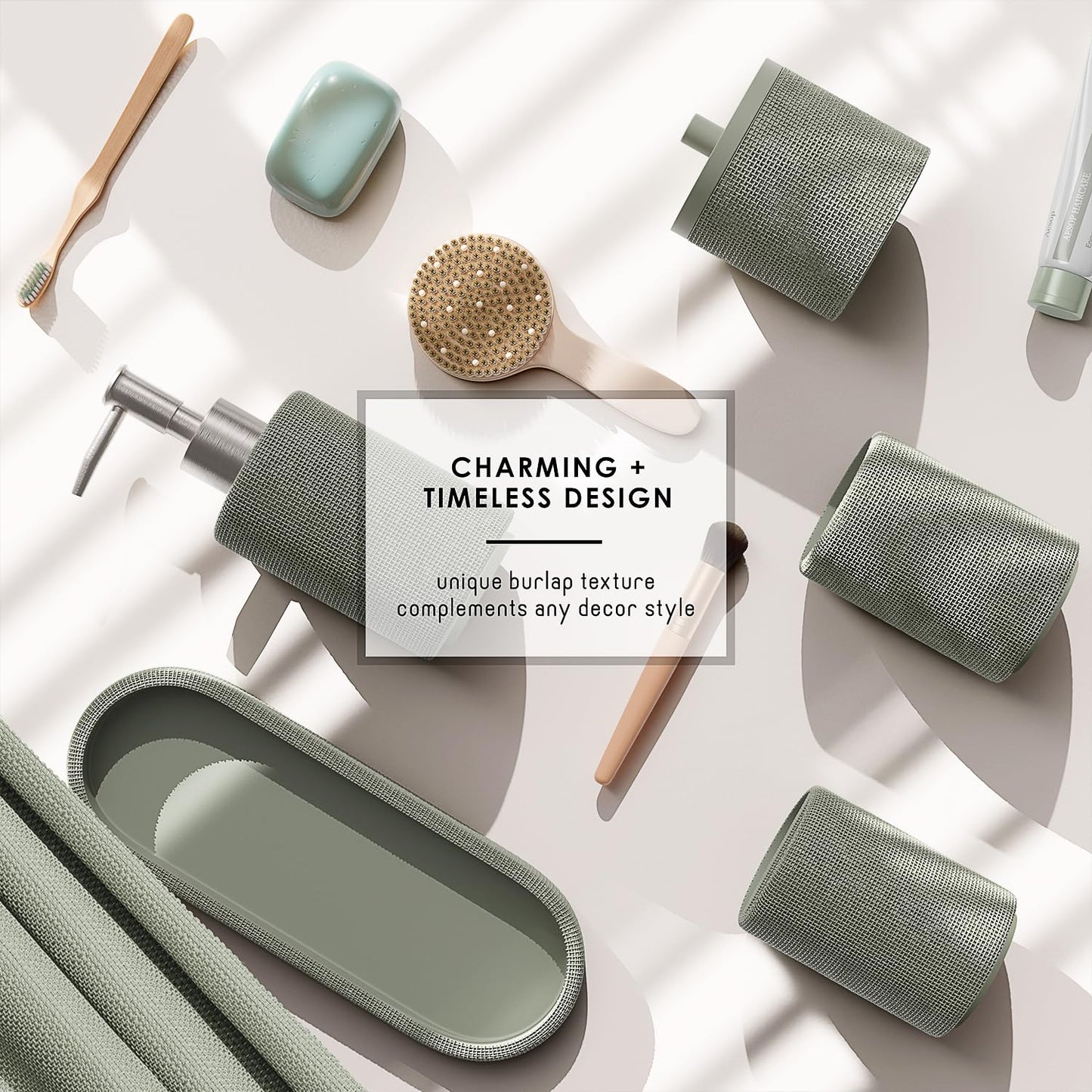 Clara Clark Bathroom Set - Sage Green Bathroom Accessories Set, 5PC Bathroom Accessory Set, Bathroom Sets with Soap Dispenser, Toothbrush Holder