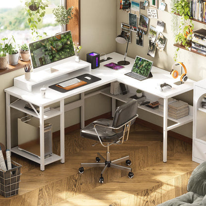 iSunirm L Shaped Desk, Gaming Desk with LED Lights, Reversible Computer Desk with Storage Shelves, Corner Table with Monitor Stand for Home