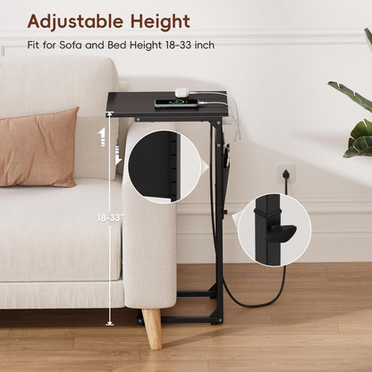 Vagusicc C-Shaped Side Table with Charging Station, Height Adjustable Sofa Side Table, Bedside Table, End Table for Small Spaces