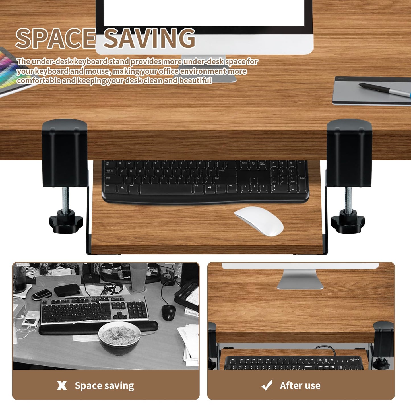 xiruiubao Removable Keyboard Holder, Extendable and Silent Keyboard Tray for Office, PC Keyboard Support with Large C Clamp, 235 mm x 22 mm Iron