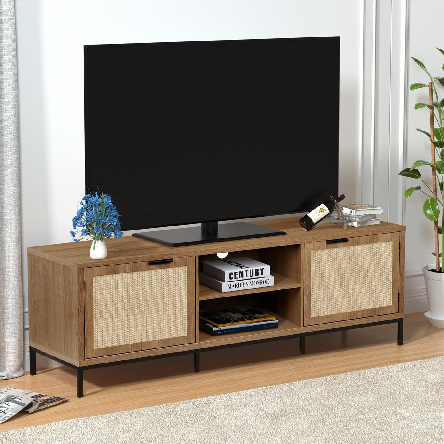 Skokliz TV Unit, TV Stand Cabinet for TVs up to 65 inch, Boho TV Console with 2 Rattan Door Storage, 150cm Long TV Cabinets for Living Room, Bedroom