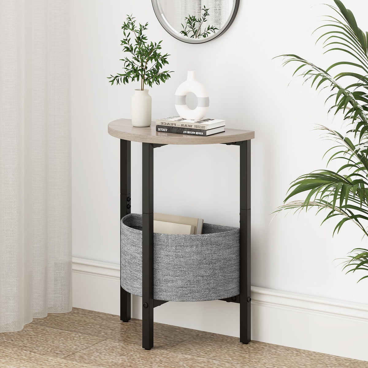 Vagusicc Side Table, Round End Table with Fabric Basket, Small Coffee Table, Set of 2 Half Moon Entry Table, Accent Table Bedside Table