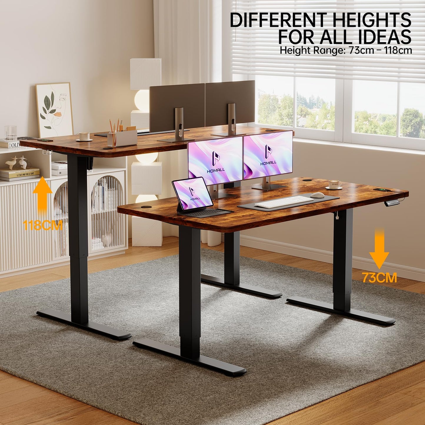 Homall Electric Height Adjustable Desk, Adjustable Height Office Desk with USB Ports, 100x60cm, Home Office with Splice Board, Rustic Brown