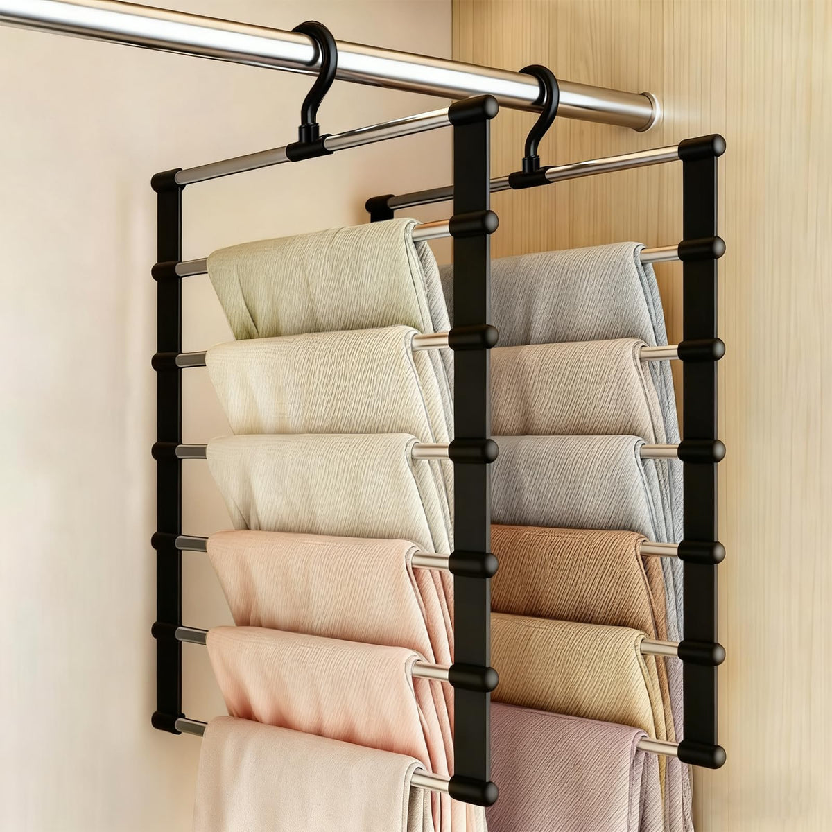 VirtuGro 2 Pack Trouser Hangers Space Saving Black Metal Coat Pants Hangers, 360° Rotatable 6-Tier Stainless Steel Multi Jeans Hanger Closet