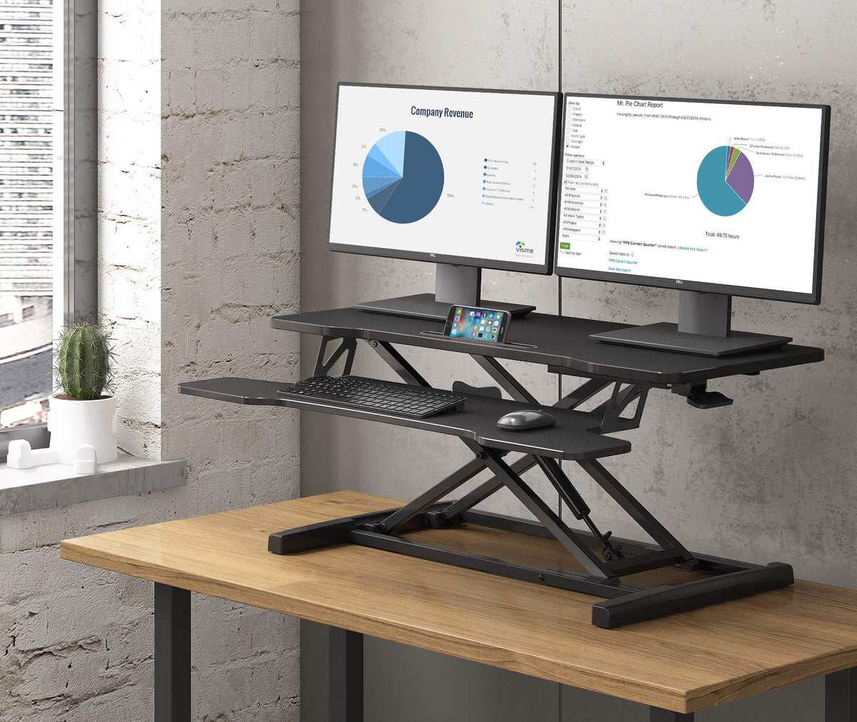 FITUEYES Standing Desk Converter 91.5x40 cm Height Adjustable Sit Stand Desk with Large Keyboard Tray and Phone Holder for Computer Laptop Dual