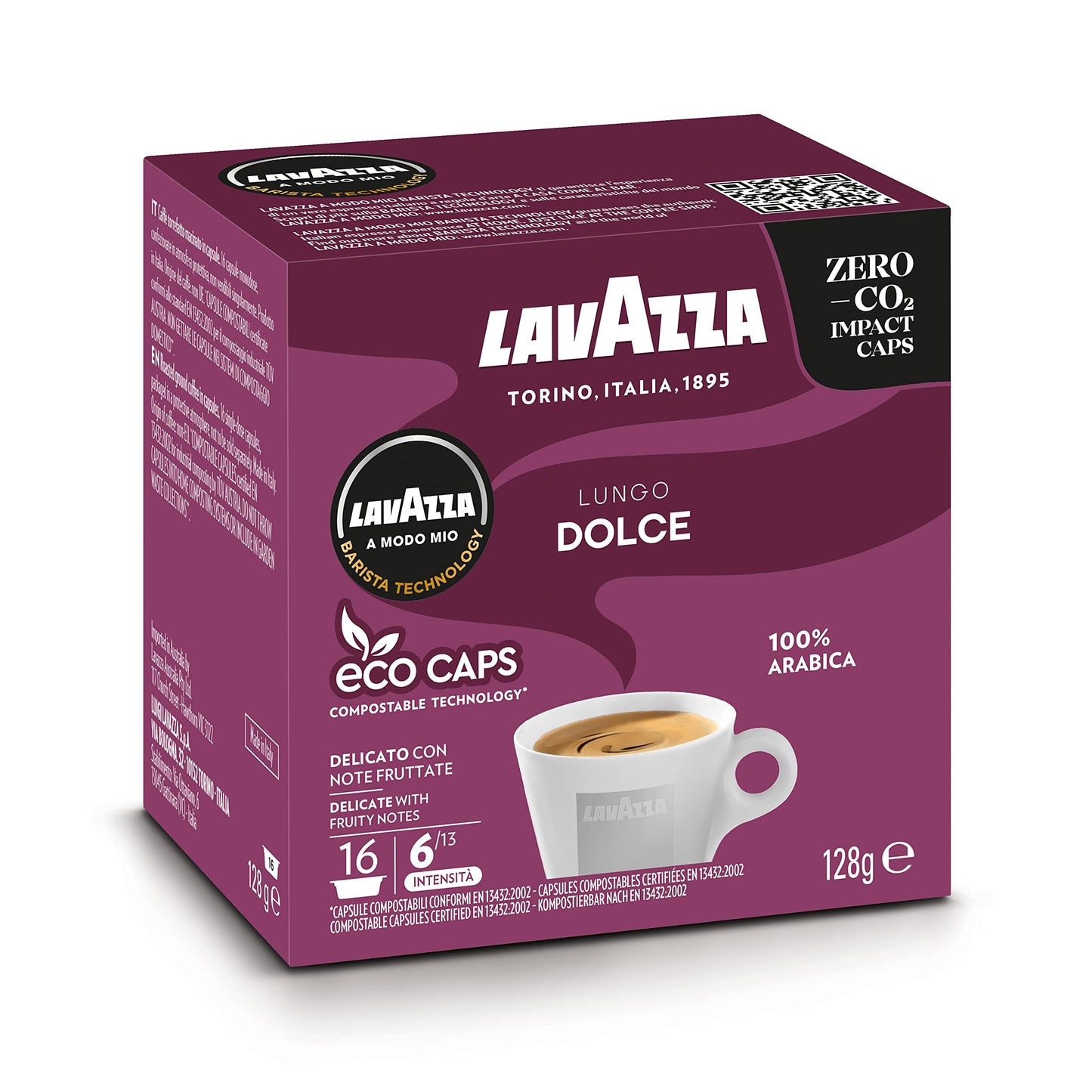 Lavazza A Modo Mio Lungo Dolce, 96 Coffee Capsules, with Aromatic Notes of Dried Fruits, for a Sweet Espresso, 100% Arabica, Intensity 6/13, Medium