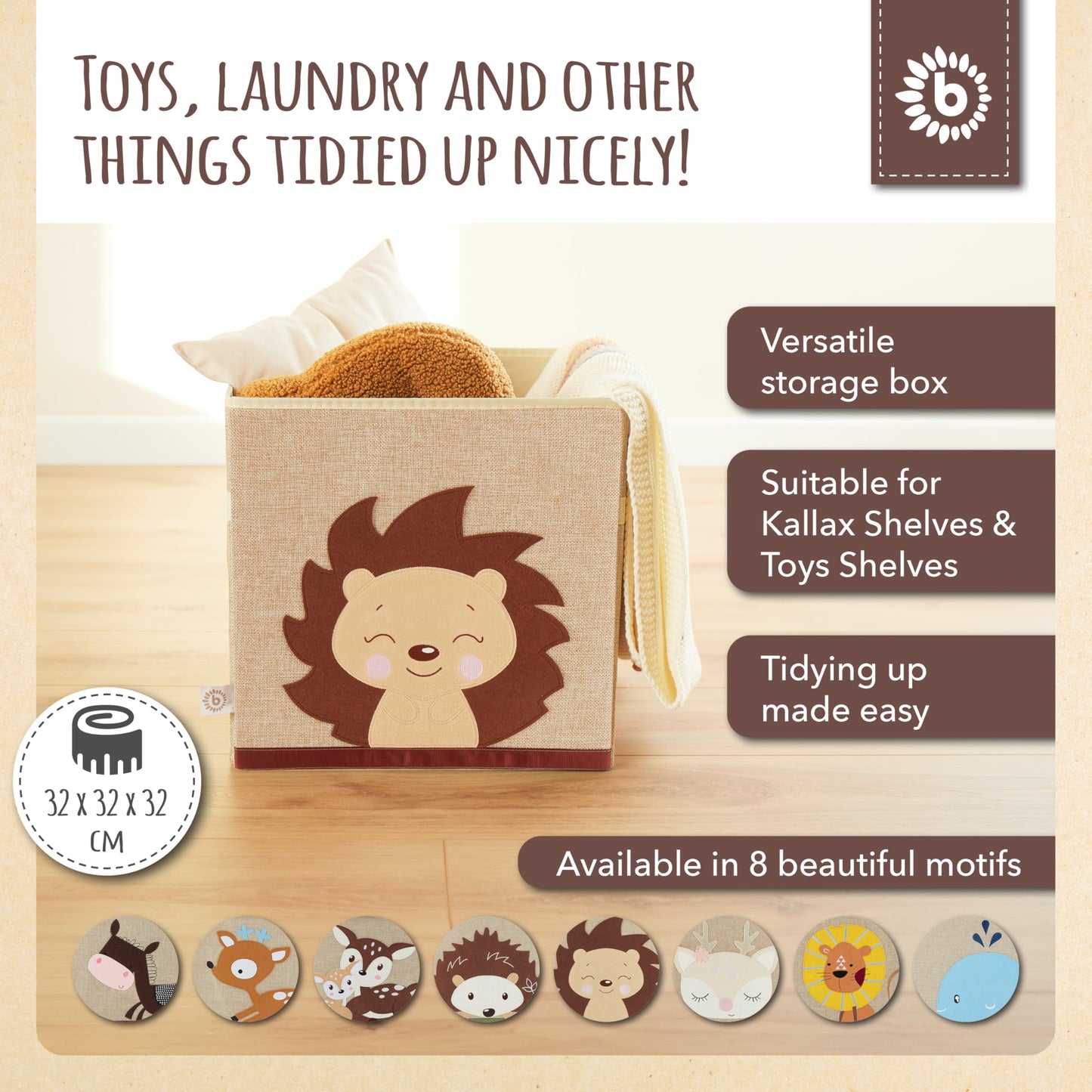 BIECO Piksi Hedgehog Toy Box - Toy Storage Box - Kallax Shelf Boxes Storage - Shelf Nursery - Boxes 33x33