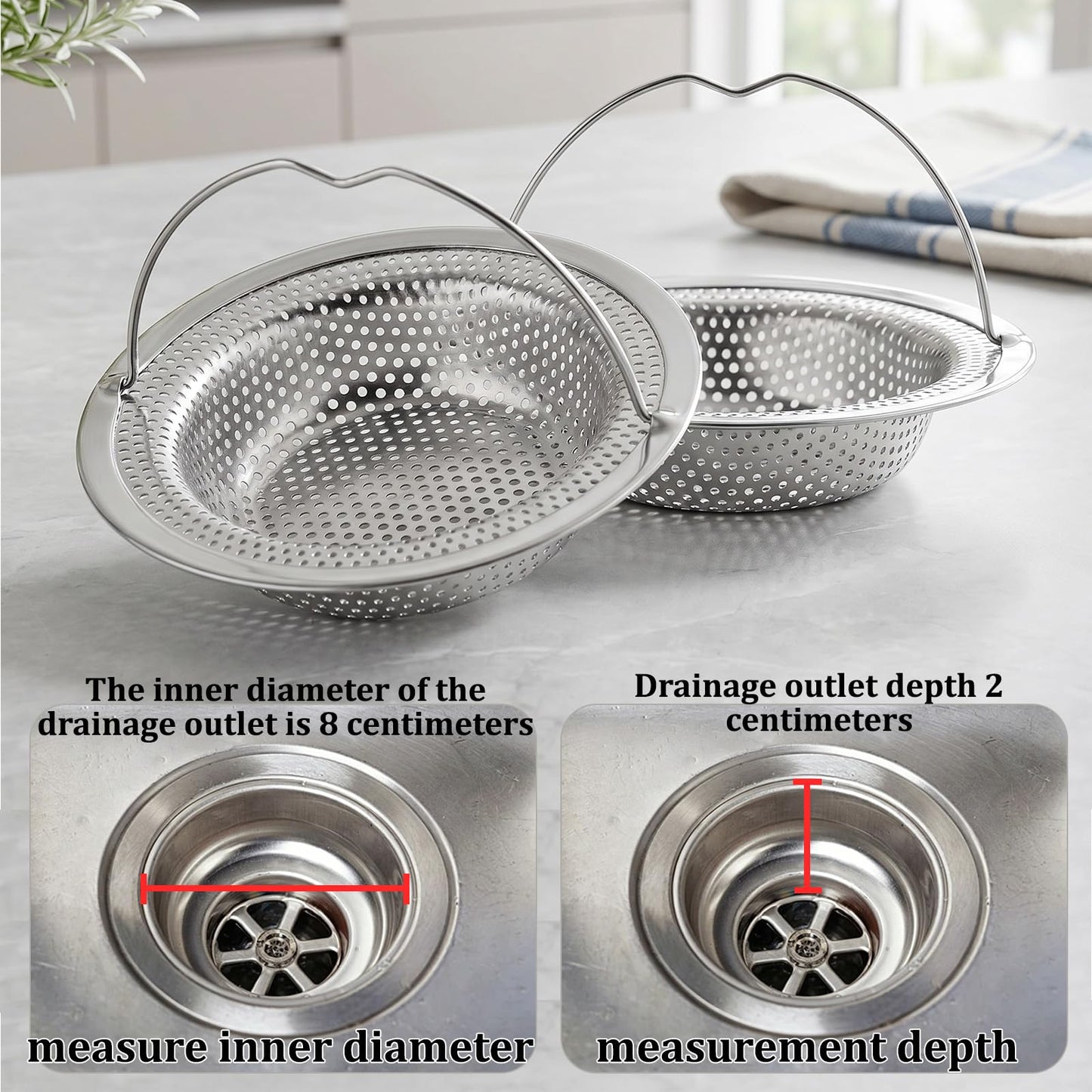 2 Pack Kitchen Sink Strainer, Sink Plug Strainer with Handle, sink Food Catcher, Shower Hair Catcher, Anti-Clogging, Outer Diameter 11cm