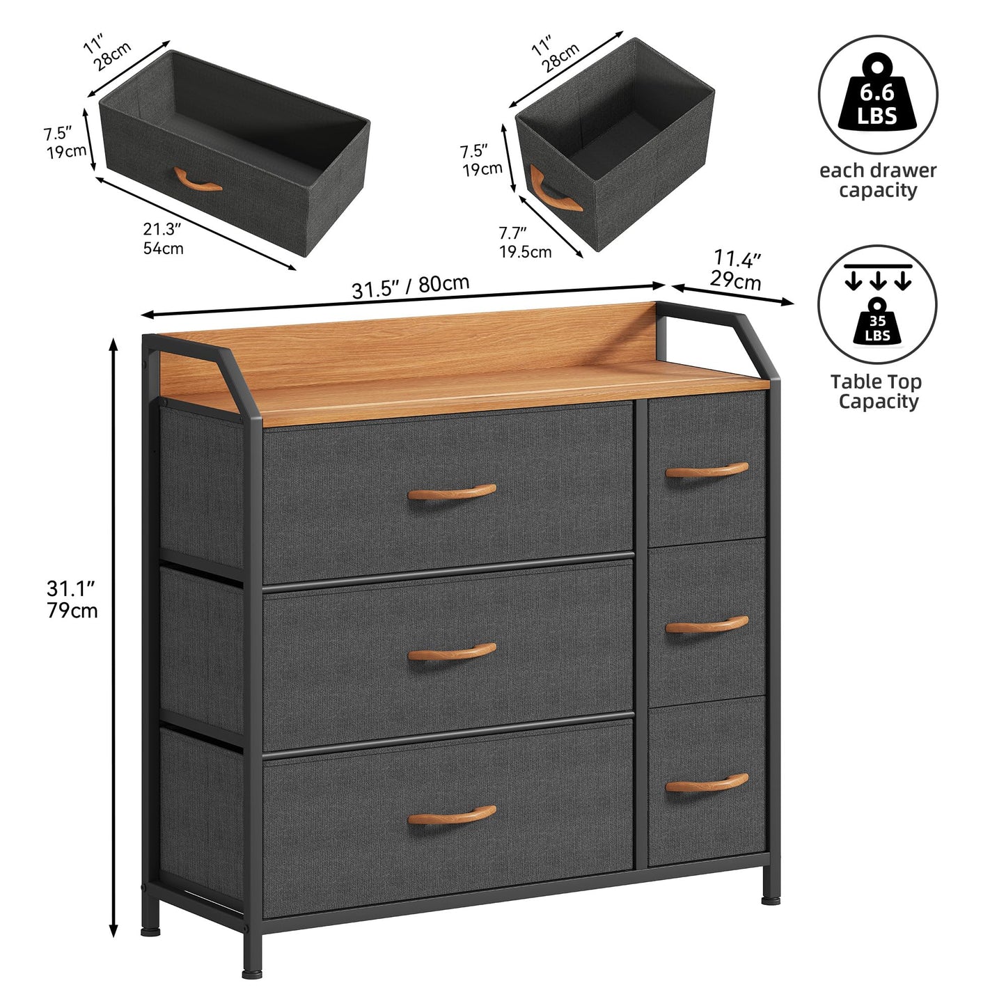 DWVO Chest of Drawers,Fabric Chest of Drawers Bedroom Cabinet with 6 Drawers,Dresser for Bedroom,Living Room With Handles,Wood Top and Sturdy Steel