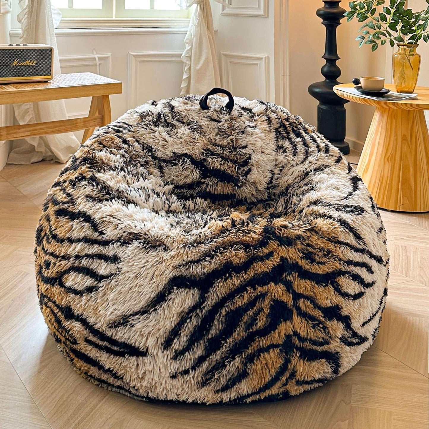XeGe Soft Faux Fur Tiger Print Bean Bag Chair Cover(No Filler), Tiger Brown