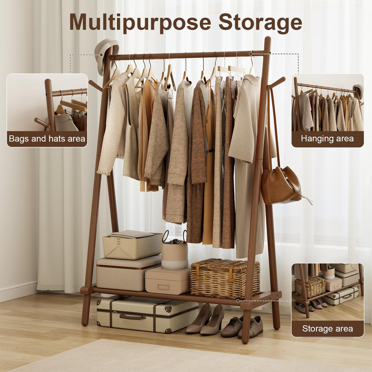 AQIMUELE Clothes Rail, Clothes Rack with Shelf and Hook, Sturdy and Portable, Garment Rack for Hanging Clothes, Coats, Skirts, Shoes