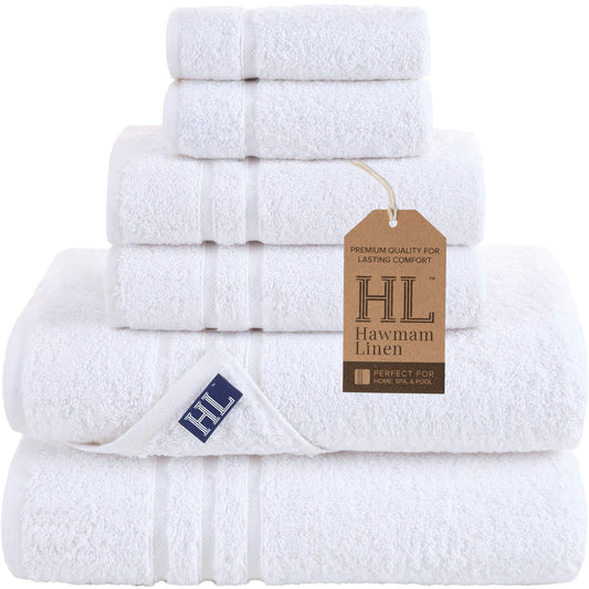 Hammam Linen White Bath Towels Set 6-Piece Original Turkish Cotton Soft, Absorbent and Premium Towel for Bathroom and Kitchen 2 Bath Towels, 2 Hand