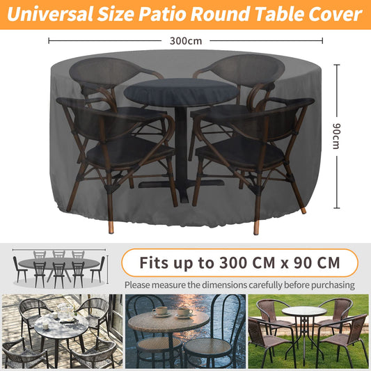 RICHIE Round Garden Furniture Covers Waterproof, Large Round Garden Table Cover 300x90cm, Heavy Duty 420D Outdoor Round Table Cover Windproof, Anti-UV