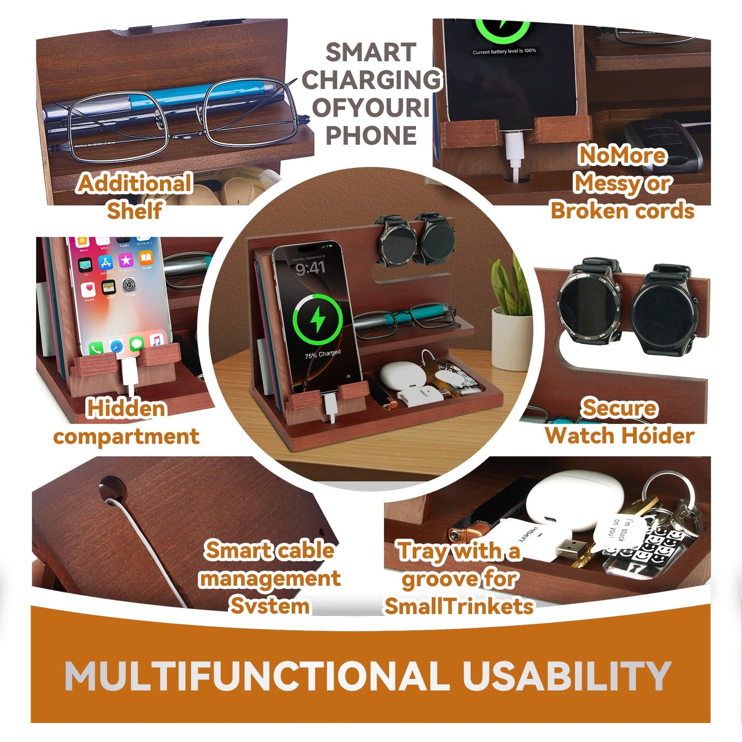 ELEVAT Gifts for Men Christmas Wood Phone Docking Station Desk Organizer Fathers Gifts Anniversary Birthday Gifts for him Xmas Presents for Dad