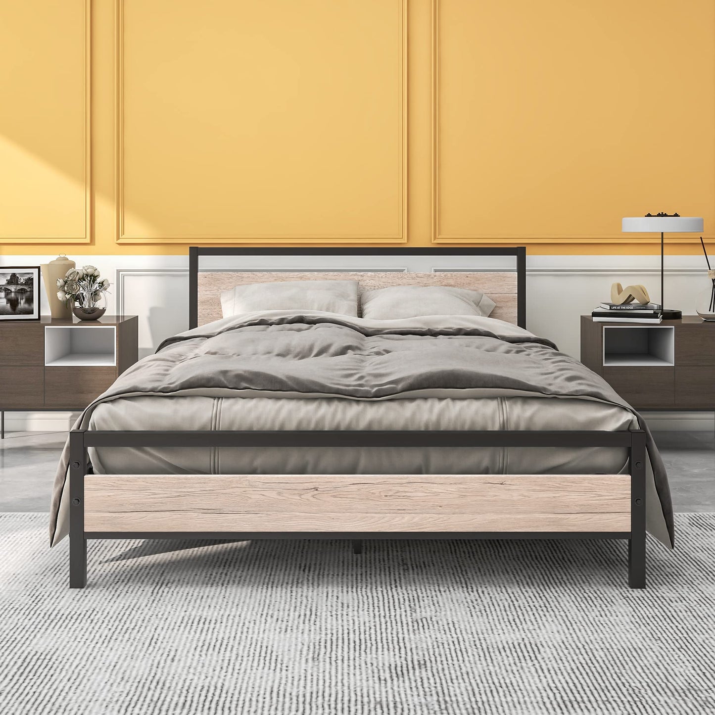 BOFENG King Size Bed Frame with Wood Headboard,Heavy Duty Metal Platform Bed King Size with Storage No Box Spring Needed,Mattress Base/Strong Steel