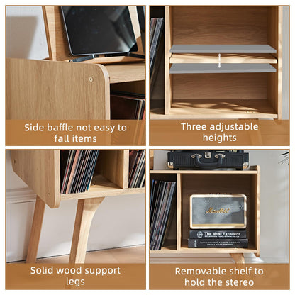 LELELINKY Record Player Stand, 4 Compartments, Holds Up to 220 Records