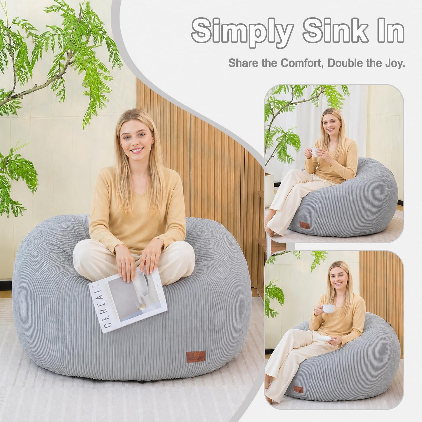 UODERS Oval Bean Bag for Adults Kids & Teens, Large Bean Bag Chair with Corduroy Cover with Handle