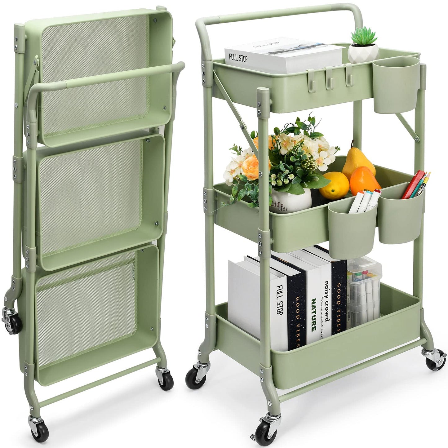 Shrivee 3-Tier Foldable Metal Shelf Organiser, Serving Trolley with Wheels for Kitchen, Bathroom, Office (Green)