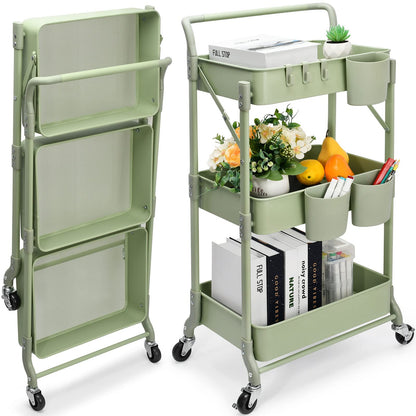 Shrivee 3-Tier Foldable Metal Shelf Organiser, Serving Trolley with Wheels for Kitchen, Bathroom, Office (Green)