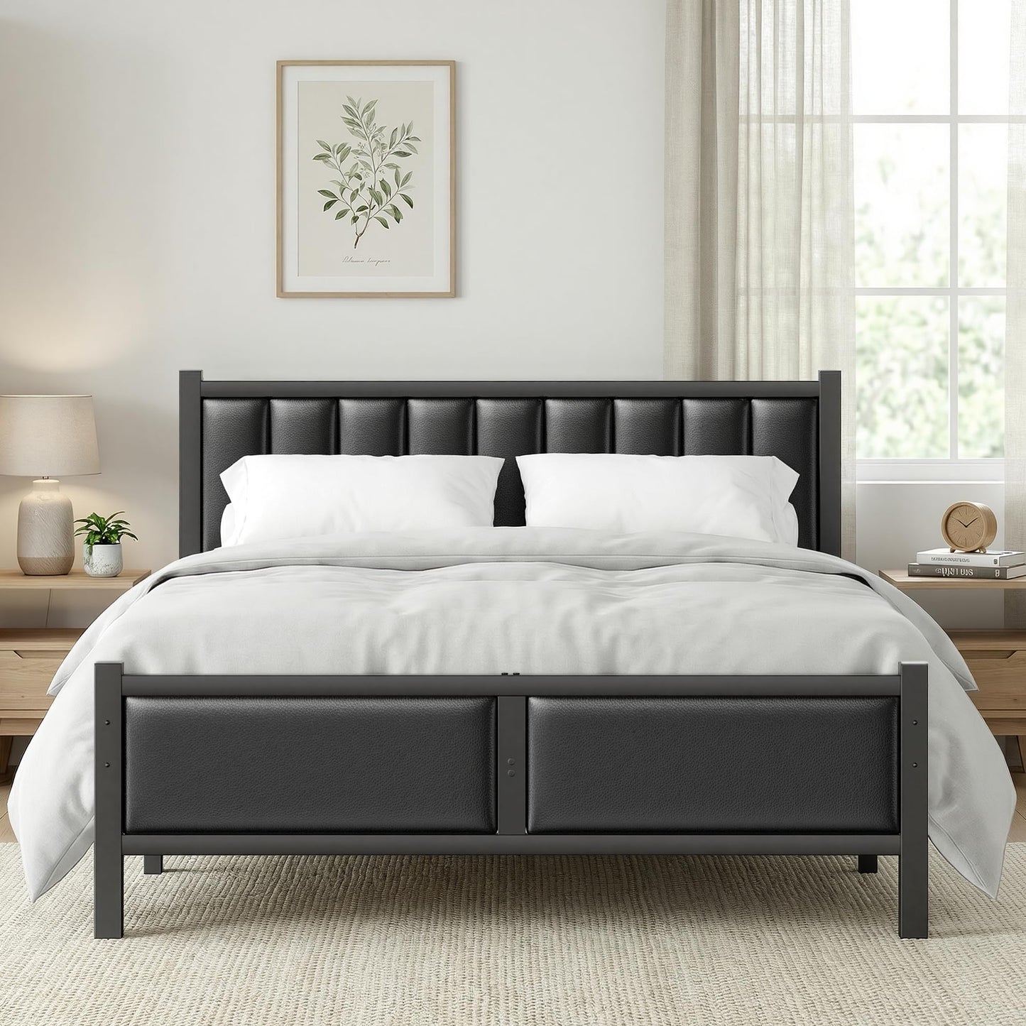 Frost IX Double Bed Frame with Upholstered Headboard, 4ft6 Metal Beds with Heavy Duty Steel Slats Support Platform, Black Double Bed with Storage,