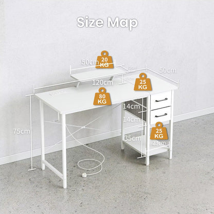 DOMSHOCT Computer Desk with Drawers & Power Outlets, 120*50cm Home Office Desk with Monitor Stand, Gaming Table with Reversible Storage Shelf & Hook