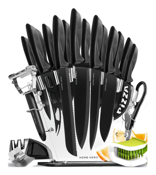 Home Hero Ultra-Sharp Stainless Steel Kitchen Knife Set - Chef Knives Set (17 pcs Set - Black with Knife Block)