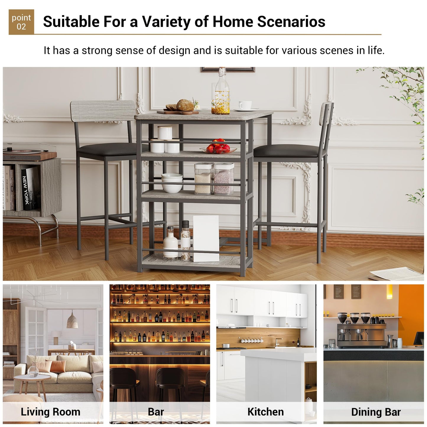 Techigher Bar Table Set, Dining Tables with 2 Upholstered Chairs, 3 Piece Counter Height Kitchen Table Set with 3-Tier Storage Shelves