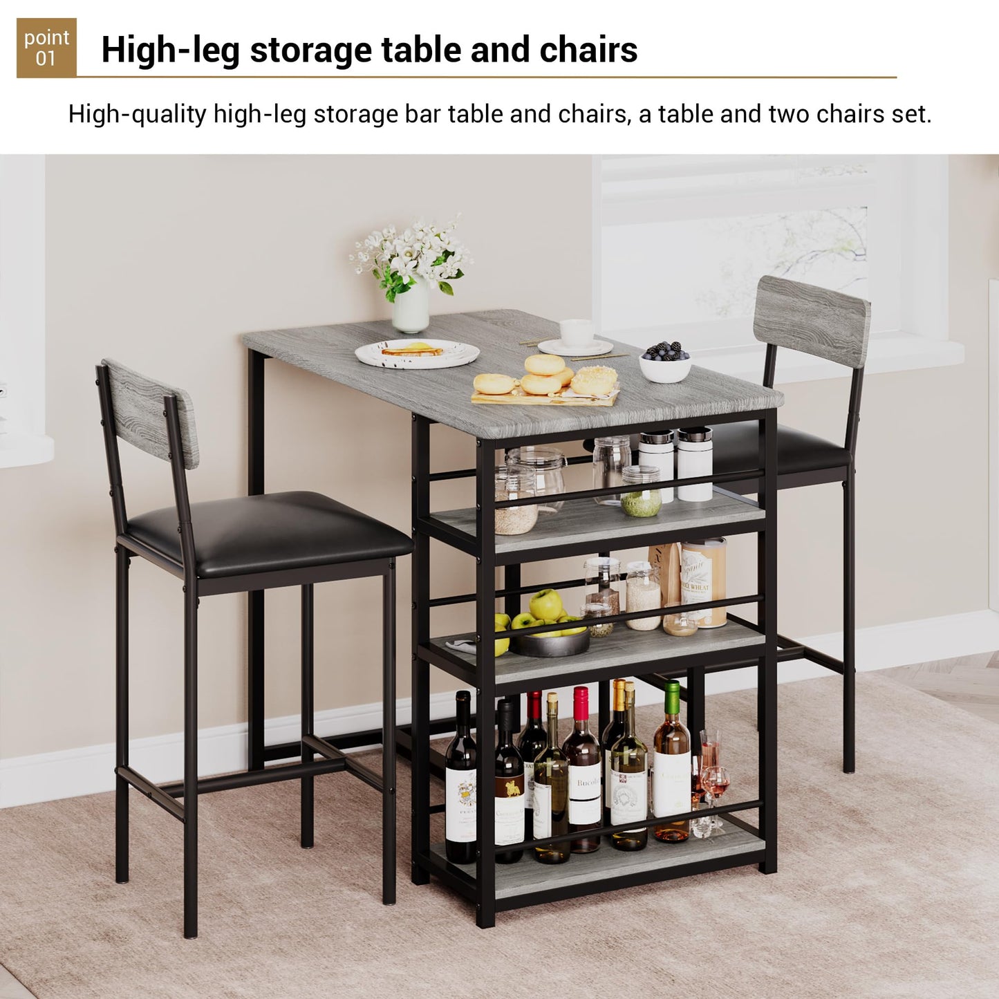 Techigher Bar Table Set, Dining Tables with 2 Upholstered Chairs, 3 Piece Counter Height Kitchen Table Set with 3-Tier Storage Shelves