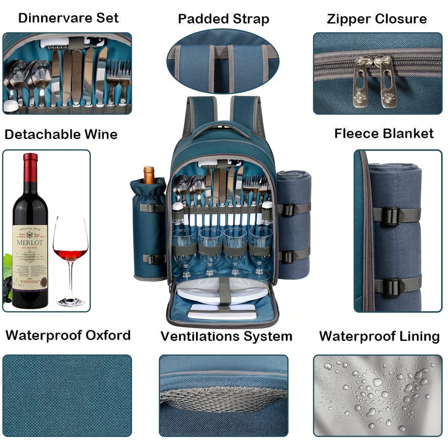 Hap Tim Picnic Basket Backpack for 4 Person with Blanket, Wine Holder, Cooler Compartment, Cutlery Set, Couples Gifts, Mr & Mrs Gifts, Bridal Shower