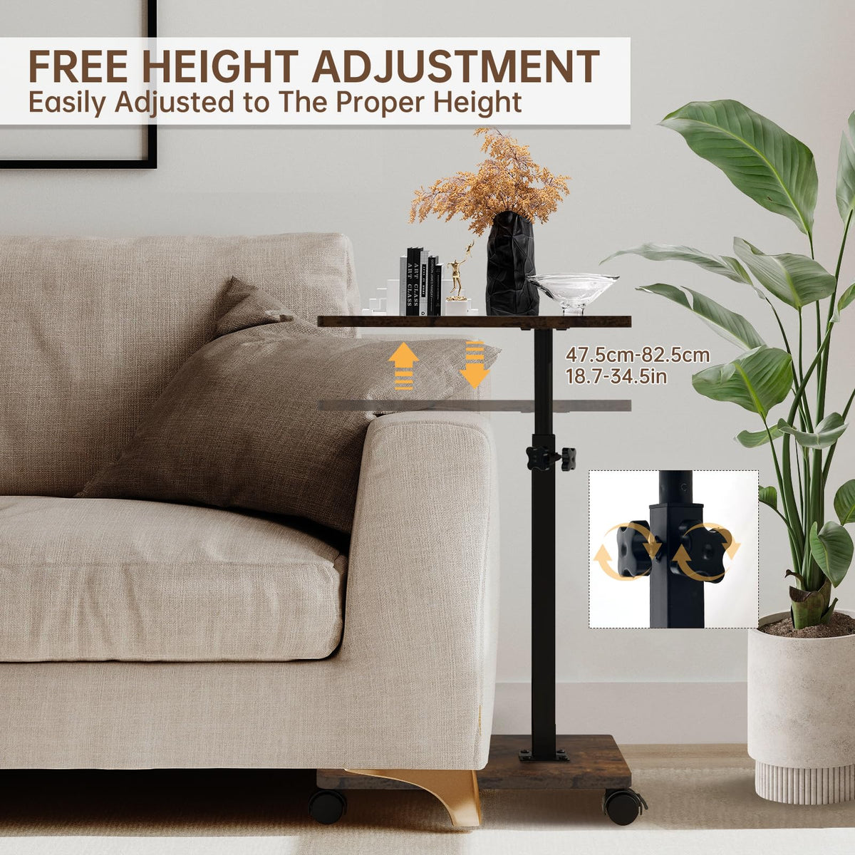 KUKKUME C Shaped Side Table Height Adjustable Sofa Table Over Bed Table with 360° Swivel Tray and Wheels Under Sofa End Table for Living Room Couch